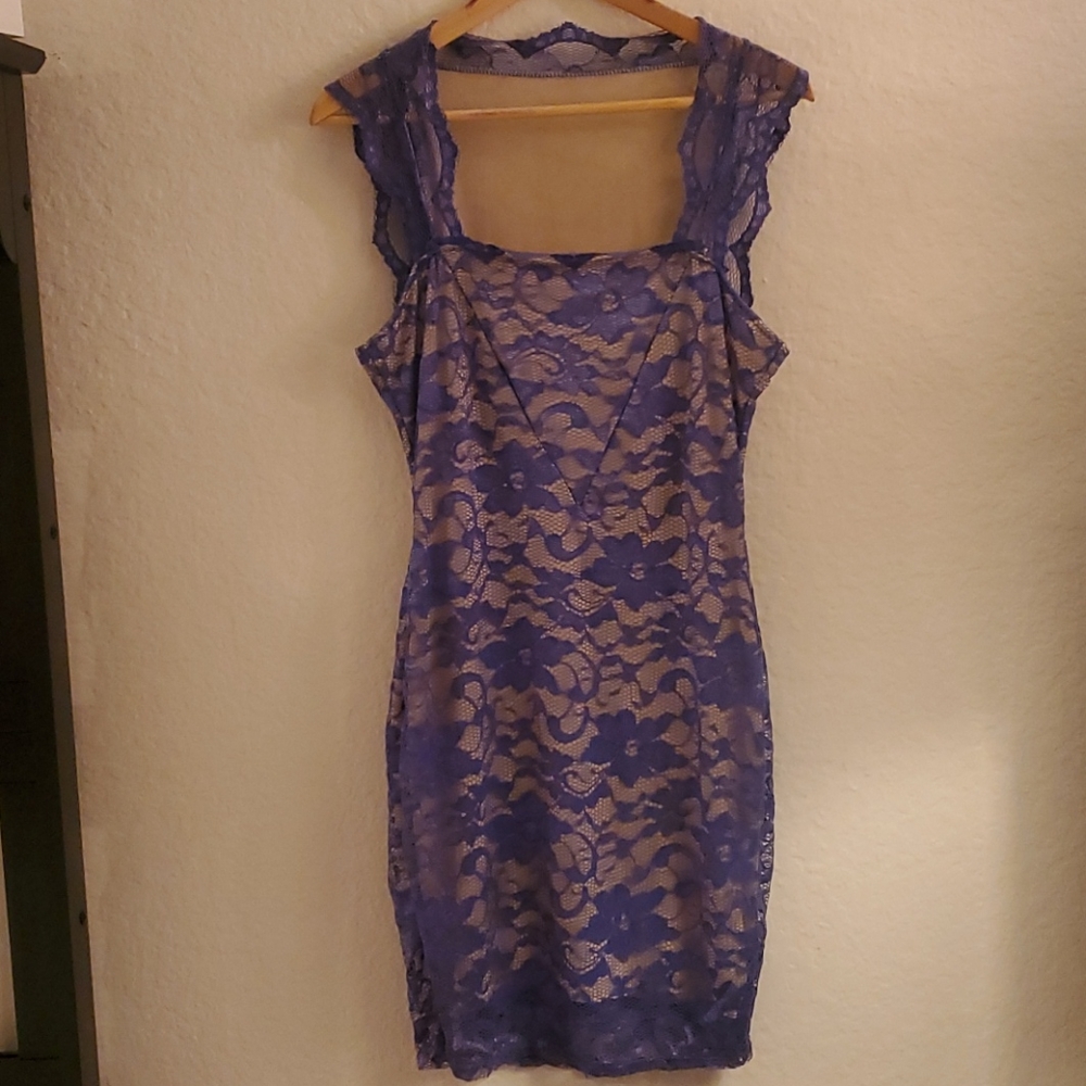 Blue lace overlay sheath dress